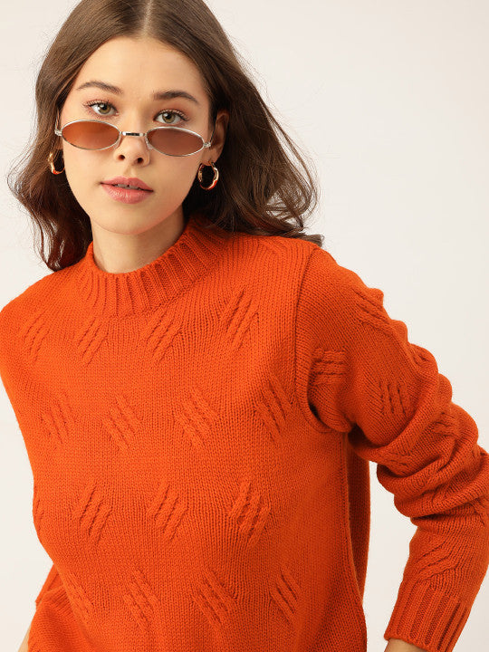 Women Rust Orange Acrylic Cable Knit Pullover