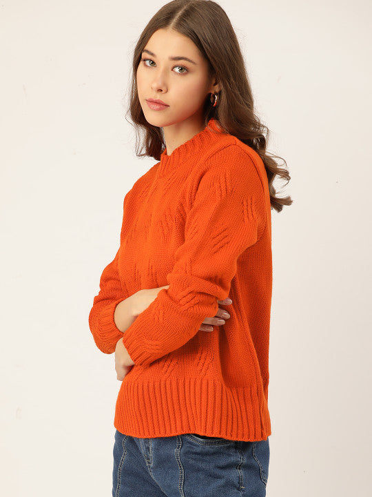 Women Rust Orange Acrylic Cable Knit Pullover