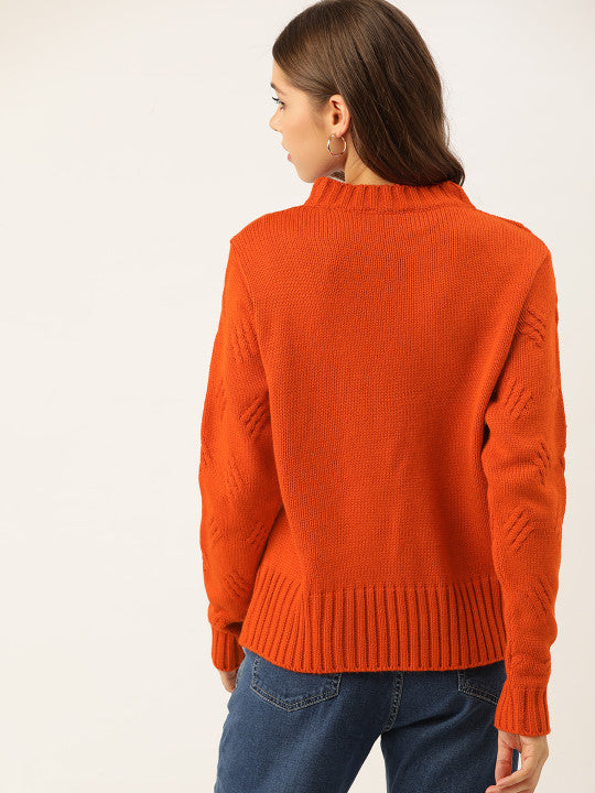 Women Rust Orange Acrylic Cable Knit Pullover