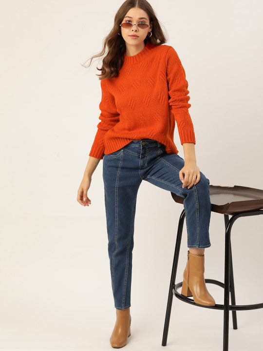Women Rust Orange Acrylic Cable Knit Pullover