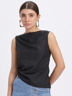 Draped Boat Neck Asymmetric Hem Top