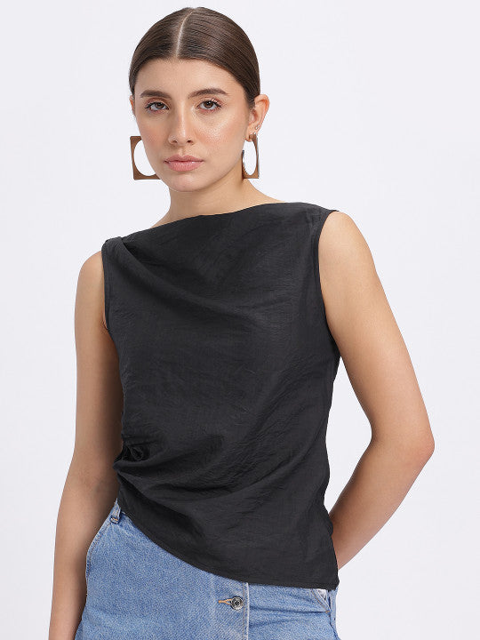 Draped Boat Neck Asymmetric Hem Top