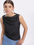 Draped Boat Neck Asymmetric Hem Top
