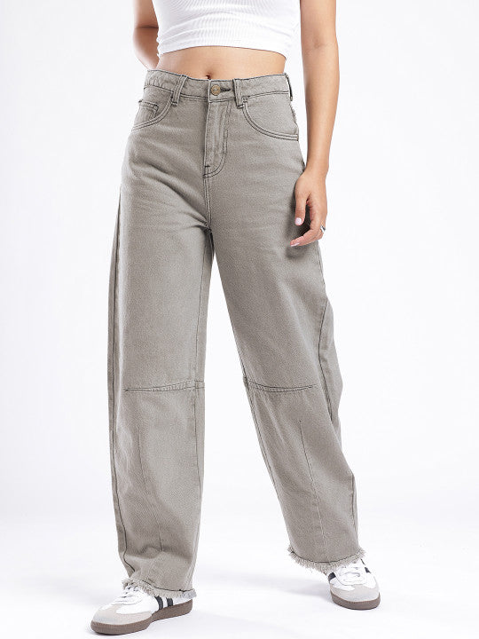 Barrel Fit Panelling Frayed Jeans