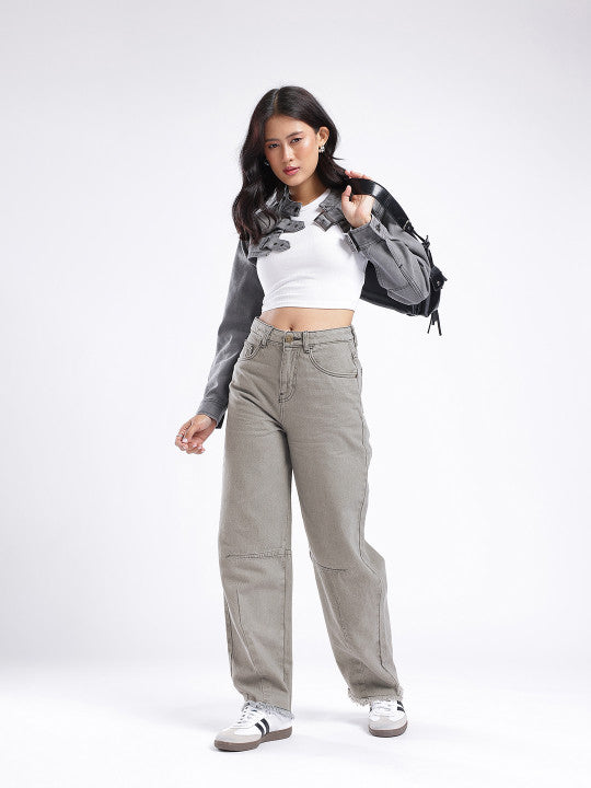 Barrel Fit Panelling Frayed Jeans