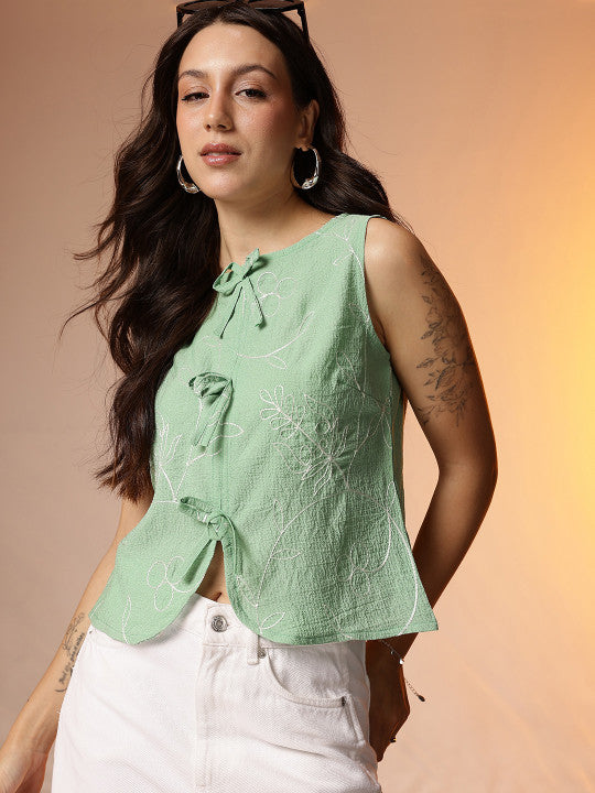 Floral Embroidered Tie-Up Top