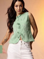 Floral Embroidered Tie-Up Top