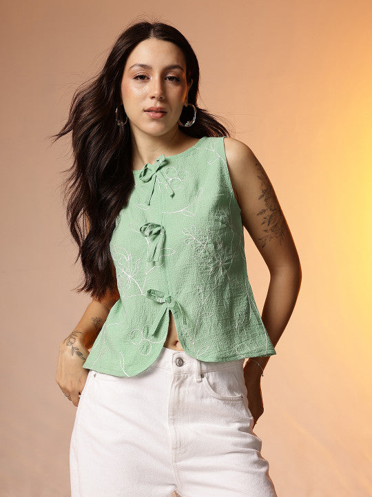 Floral Embroidered Tie-Up Top