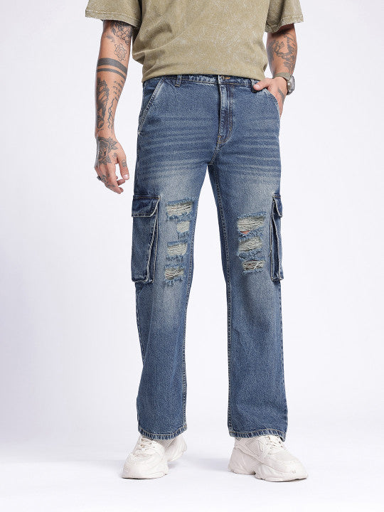 Fit Ripped Heavy Fade Cargo Jeans