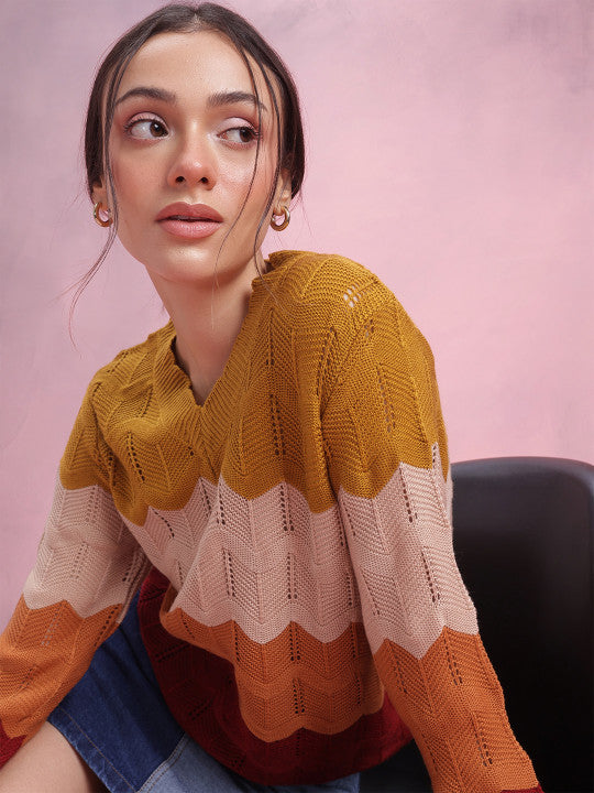 Colourblocked Open Knit Pullover