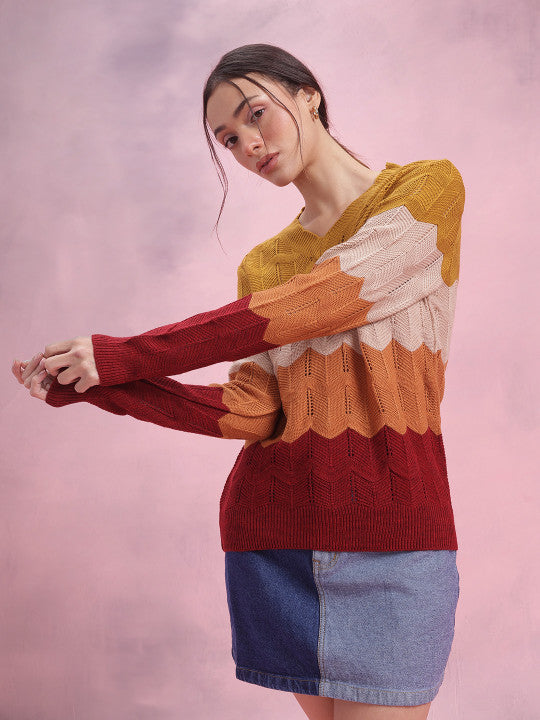 Colourblocked Open Knit Pullover
