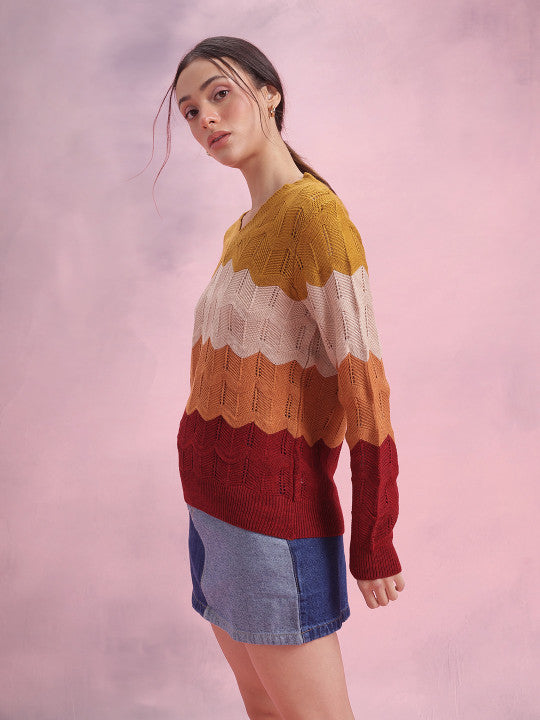 Colourblocked Open Knit Pullover