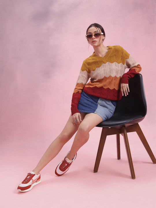 Colourblocked Open Knit Pullover