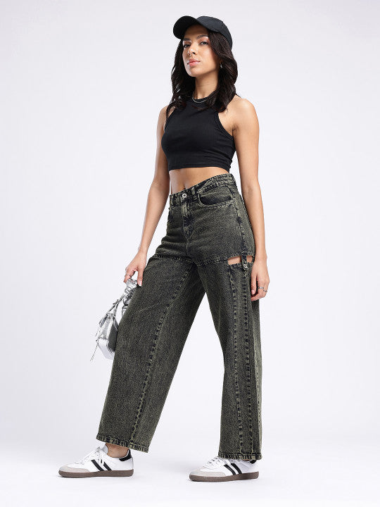 Cut Out Detail Baggy Fit Jeans