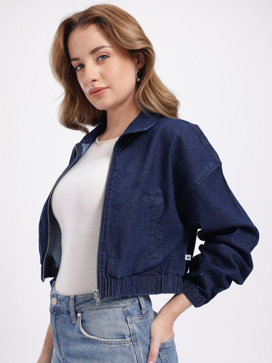 Spread Collar Relaxed Fit Crop Denim Jacket