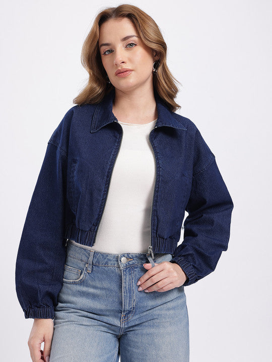 Spread Collar Relaxed Fit Crop Denim Jacket