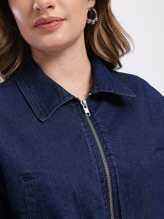 Spread Collar Relaxed Fit Crop Denim Jacket