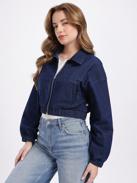 Spread Collar Relaxed Fit Crop Denim Jacket