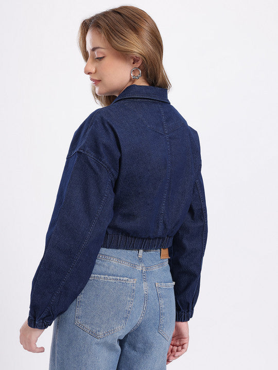 Spread Collar Relaxed Fit Crop Denim Jacket