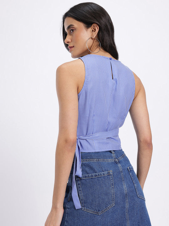 Striped Asymmetric Hem Tie-Up Wrap Top