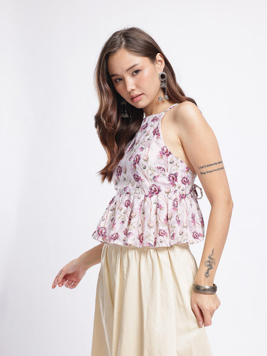 Floral Tie-Up Neck A-Line Top