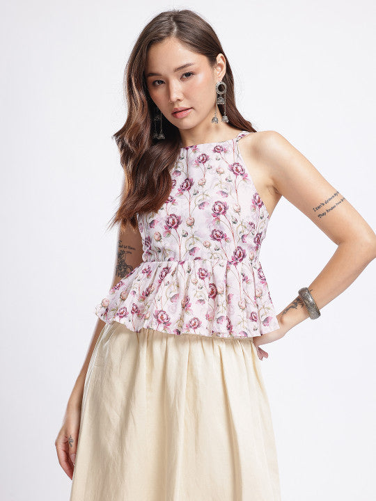 Floral Tie-Up Neck A-Line Top