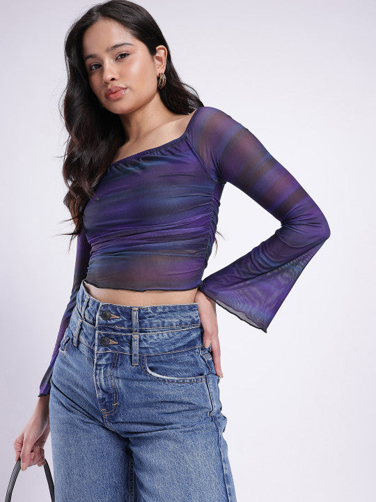 Abstract Printed Square Neck Flared Sleeves Ruched Fitted Crop Top