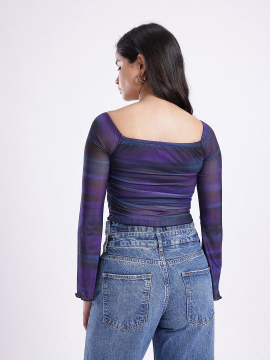 Abstract Printed Square Neck Flared Sleeves Ruched Fitted Crop Top