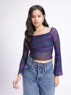 Abstract Printed Square Neck Flared Sleeves Ruched Fitted Crop Top