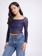 Abstract Printed Square Neck Flared Sleeves Ruched Fitted Crop Top