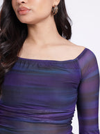 Abstract Printed Square Neck Flared Sleeves Ruched Fitted Crop Top