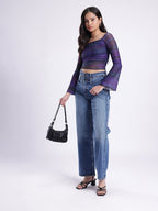 Abstract Printed Square Neck Flared Sleeves Ruched Fitted Crop Top