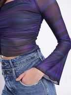 Abstract Printed Square Neck Flared Sleeves Ruched Fitted Crop Top