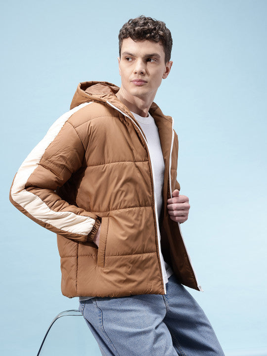 Contrast Panel Hooded Puffer Jacket