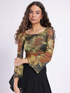 Abstract Printed Square Neck Flared Sleeves Ruched Fitted Crop Top