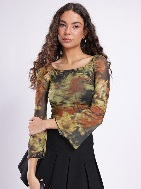 Abstract Printed Square Neck Flared Sleeves Ruched Fitted Crop Top