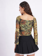 Abstract Printed Square Neck Flared Sleeves Ruched Fitted Crop Top