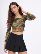 Abstract Printed Square Neck Flared Sleeves Ruched Fitted Crop Top