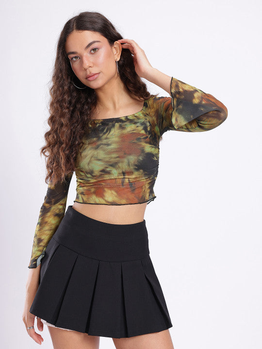 Abstract Printed Square Neck Flared Sleeves Ruched Fitted Crop Top
