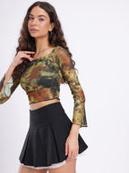Abstract Printed Square Neck Flared Sleeves Ruched Fitted Crop Top
