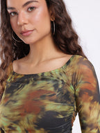 Abstract Printed Square Neck Flared Sleeves Ruched Fitted Crop Top