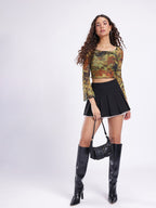 Abstract Printed Square Neck Flared Sleeves Ruched Fitted Crop Top