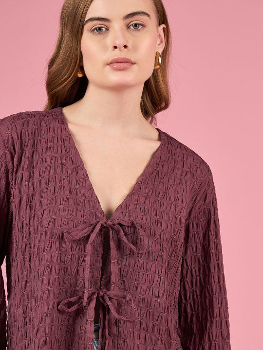 Women Self Design Tie-Up Neck Top