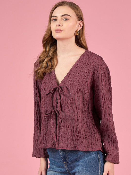 Women Self Design Tie-Up Neck Top