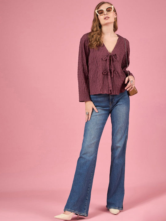 Women Self Design Tie-Up Neck Top