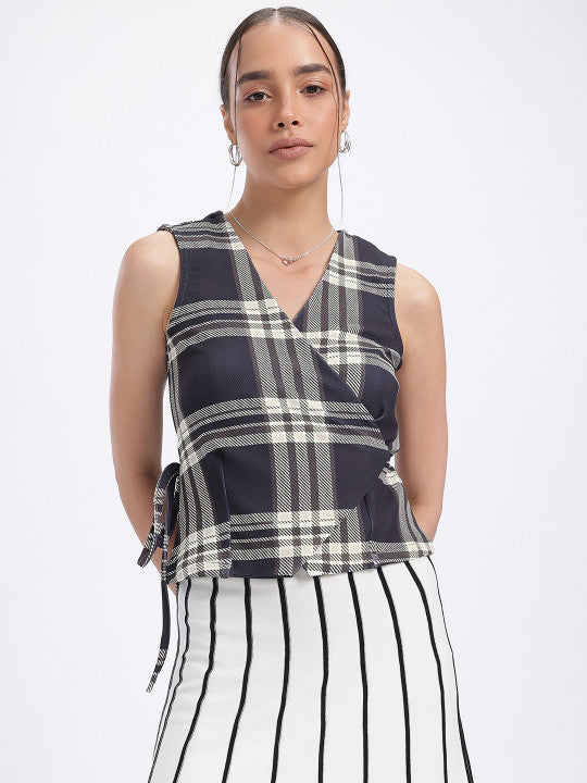 Checked Waistcoat Style Wrap Top