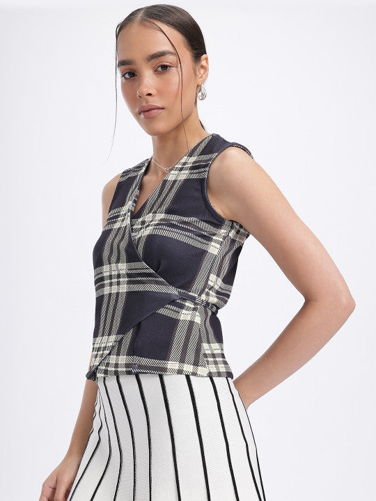 Checked Waistcoat Style Wrap Top