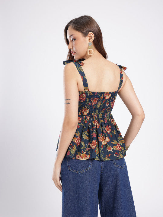 Floral Printed Smocked Peplum Top