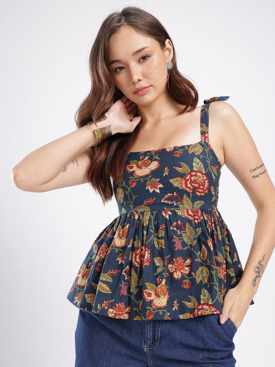 Floral Printed Smocked Peplum Top