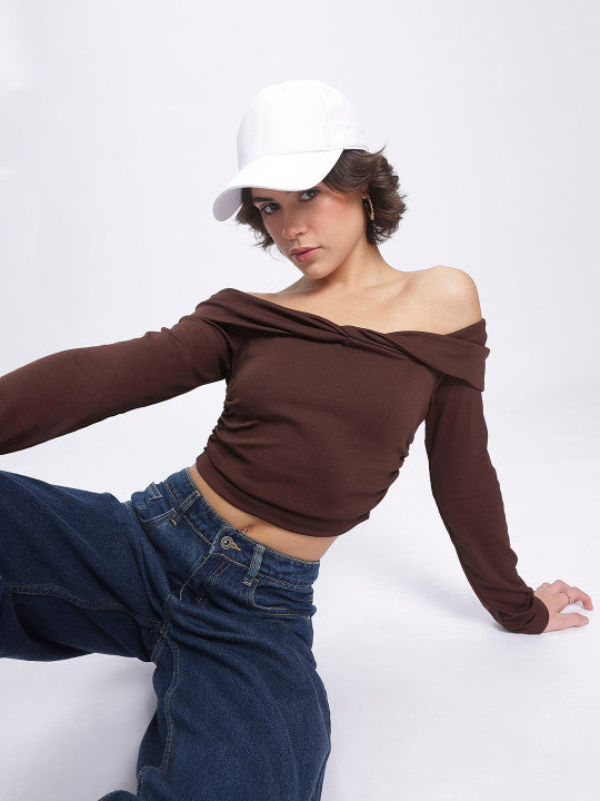 Ruched Ribbed Bardot Crop Top